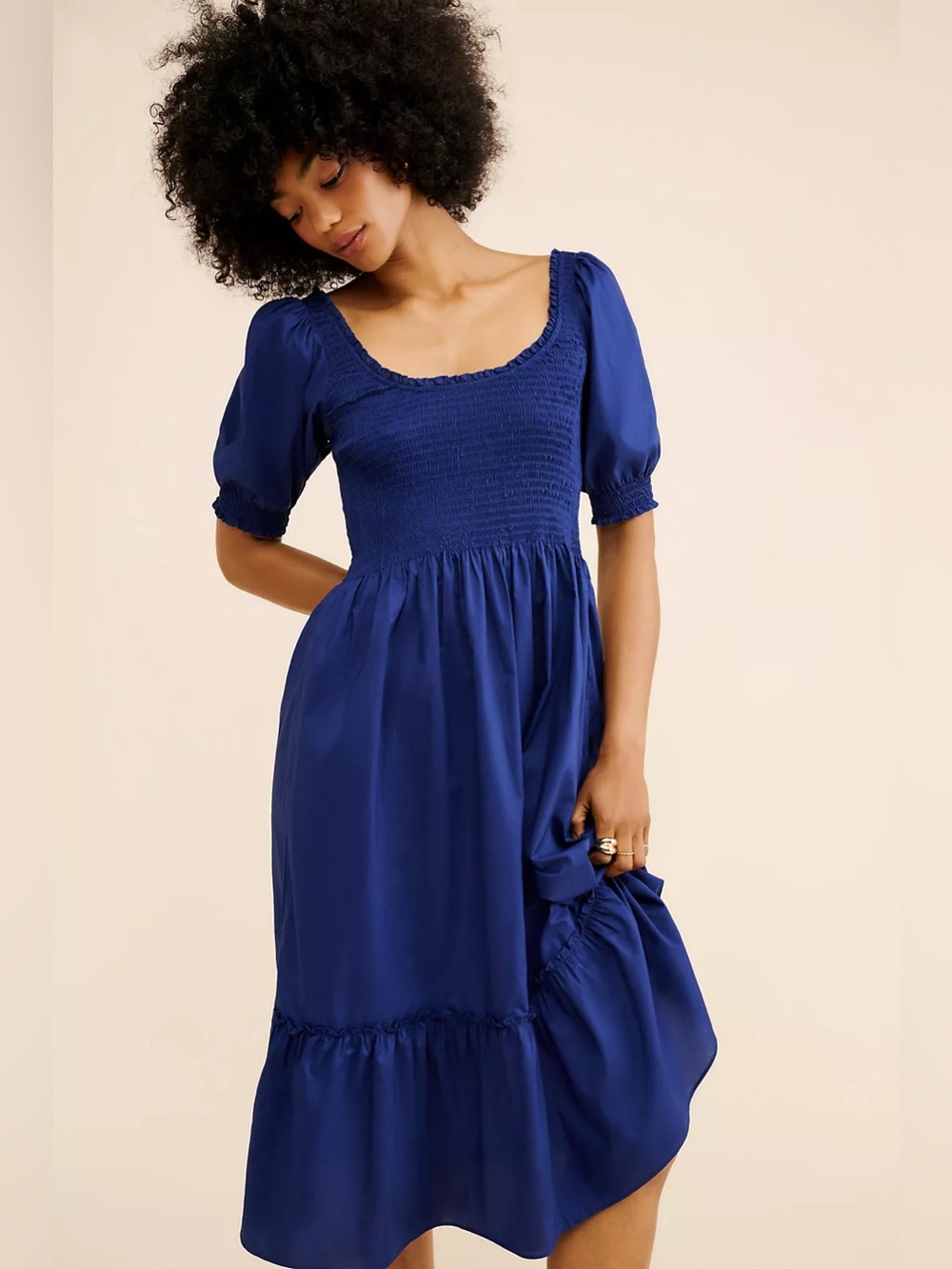 Hill House Home Anthropologie The Louisa Smocked Midi Nap Dress. Navy Blue